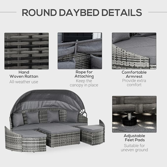 Outsunny 4-Piece Outdoor Rattan Furniture Set, Round Convertible Patio Daybed - Image 5