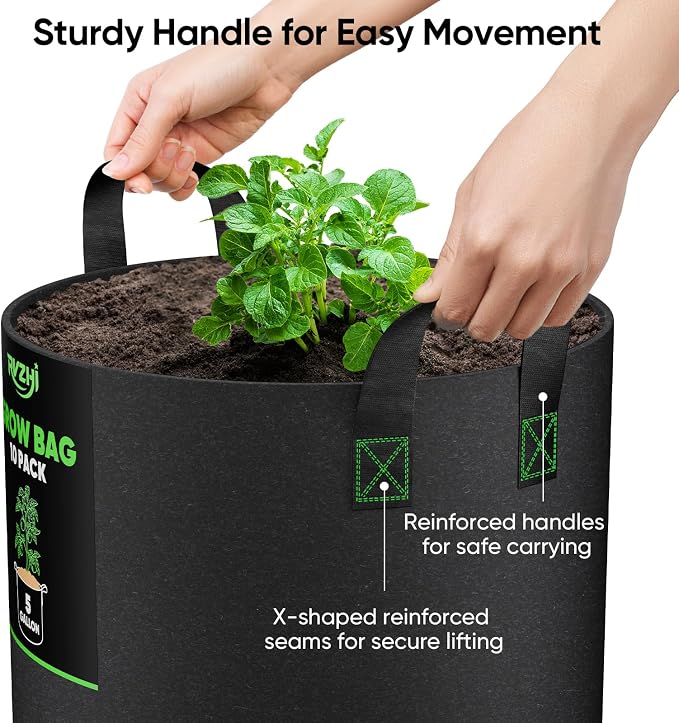 Grow Bags for Potato 5-Gallon: 10 Pack Black 350G Heavy Duty Thickened Fabric - Image 4