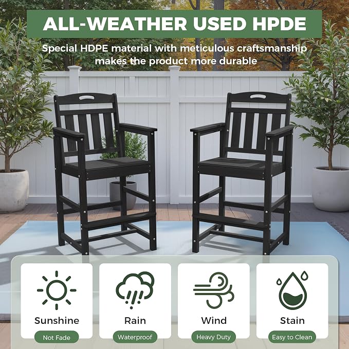 Outdoor Patio Tall Adirondack Bar Chairs Set of 2, All-Weather HDPE Bar Height - Image 2