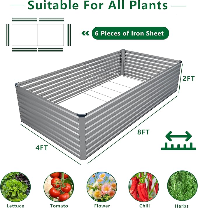 8x4x2FT Galvanized Raised Garden Bed Kit, Vegetable Plant Boxes-Rectangle Metal - Image 2