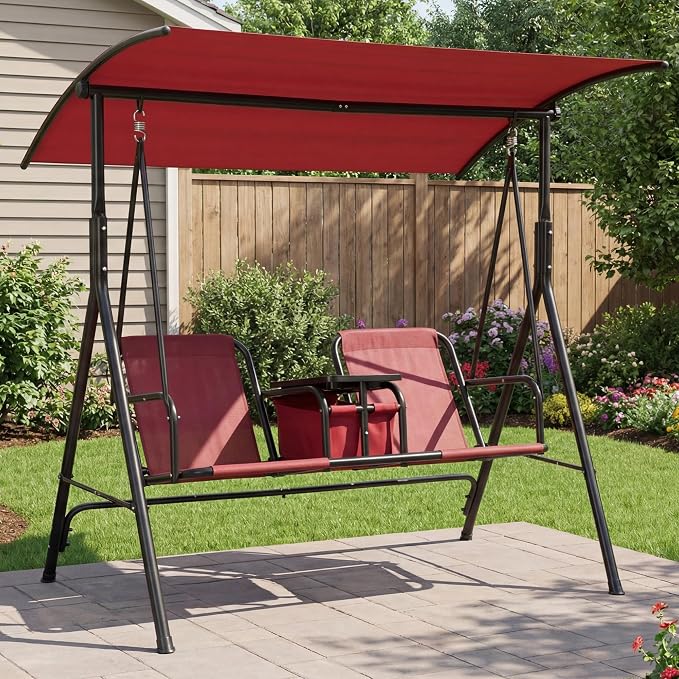 2-Person Porch Swing with Cup Holders, Pivot Storage Table & Cooler Bag - Image 8