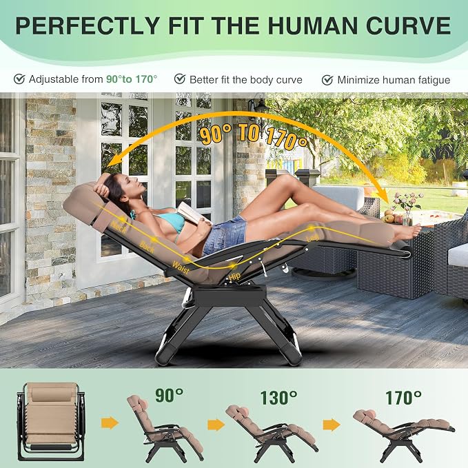 Suteck Oversized Zero Gravity Chair, 29In XL Outdoor Recliner Chair w/Removable - Image 4