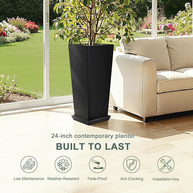 24" Set of 2 Tall Black Planters - Image 5
