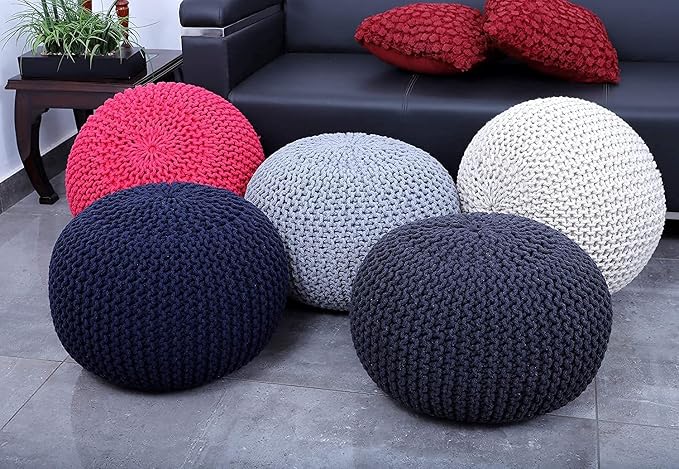 FRELISH DECOR Round Pouf Ottoman Hand Knitted 100% Cotton Pouf Foot Stool - Image 6