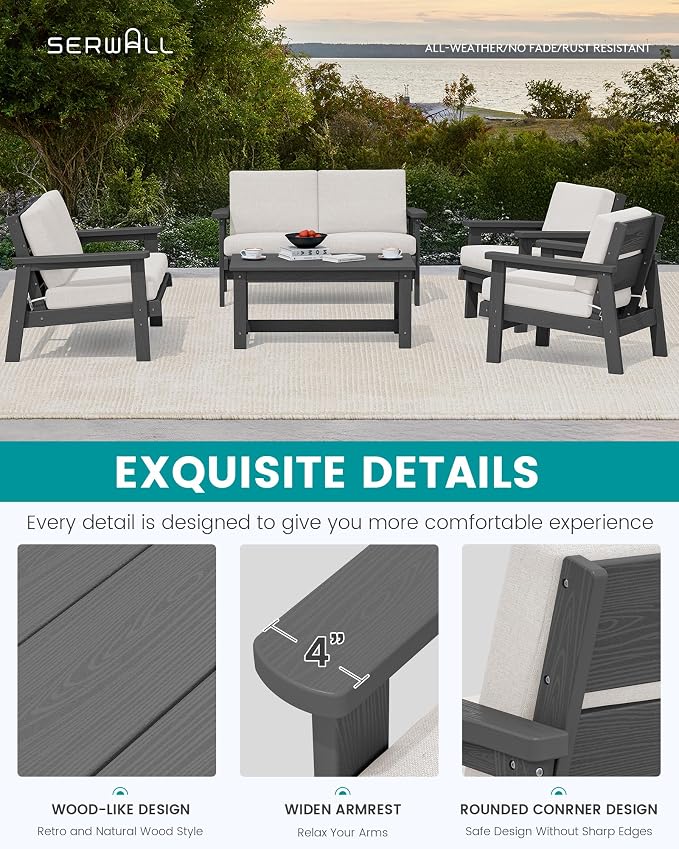 SERWALL HDPE Patio Furniture Set, 5 Piece All Weather Wood-Like Sectional - Image 6