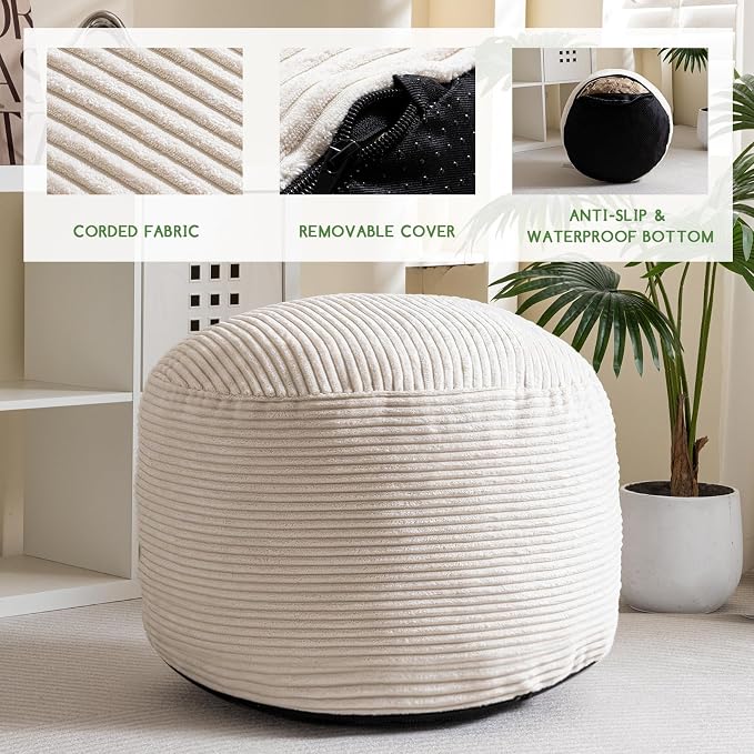 HIGOGOGO Round Stuffed Pouf Ottoman, Corduroy Poufs - Image 3