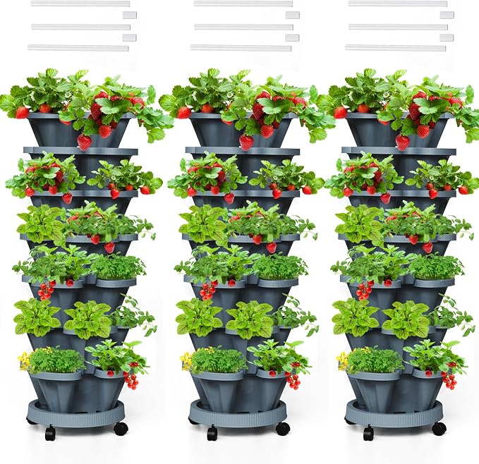Strawberry Vertical Planters Tower Garden 3 Pack, 7 Tiered Stacking Herb by Tectsia