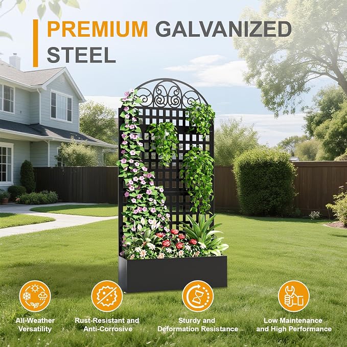 Metal Raised Garden Bed with Trellis, Freestanding Divider Fence with Drainage - Image 2
