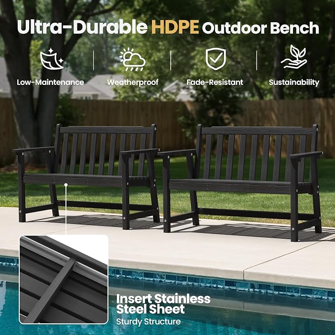 Ciokea 48" Outdoor Bench Set of 2, HDPE Weatherproof Garden Bench, 2-Person - Image 3