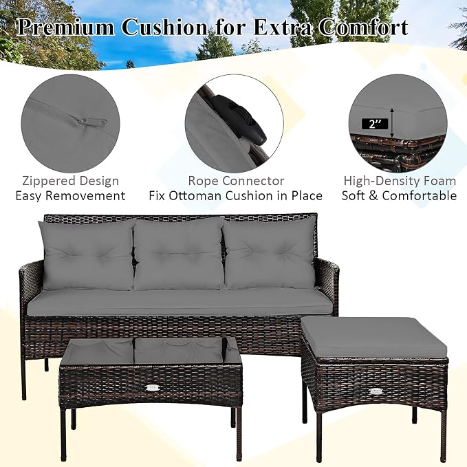 Tangkula 3 Pieces Patio Conversation Set, All Weather Outdoor PE Rattan Wicker - Image 9