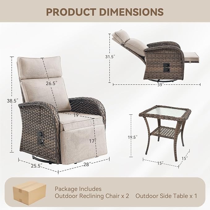3 Pieces Zero Gravity Patio Swivel Rocking Recliner Chairs Set of 2 - Image 2