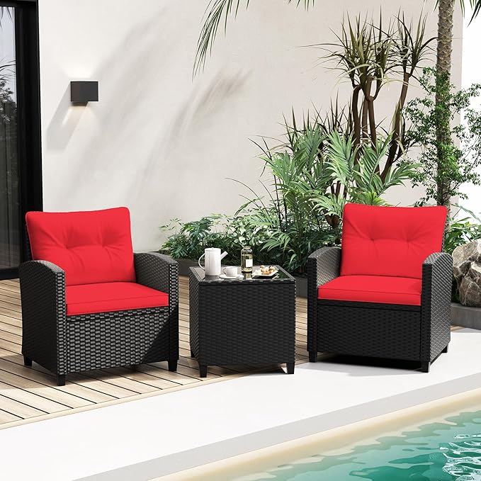 Tangkula 3 Pieces Patio Furniture Set, Rattan Conversation Set w/Soft Seat & - Image 3