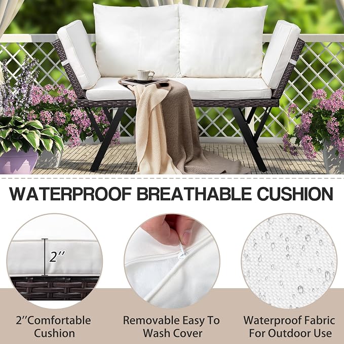 Outvita Outdoor Convertible Couch Sofa Bed, Woven Rattan Patio Furniture Daybed - Image 4
