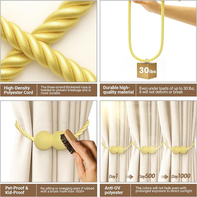 Hion Magnetic Curtain Tiebacks Golden 4 Pack, Curtain Tiebacks Buckles - Image 3