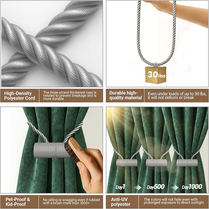 Hion Magnetic Curtain Tiebacks Grey 4 Pack, Curtain Tiebacks Buckles Holdbacks - Image 3