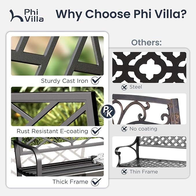 PHI VILLA 43 Inch Cast Iron Steel Frame Outdoor Garden Bench, Patio Furniture - Image 9
