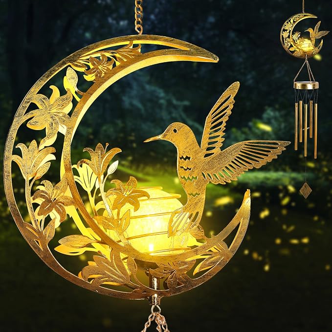 Moon Hummingbird Wind Chime Outdoor, Handcrafted Metal Garden Wind Chimes by ShangTianFeng