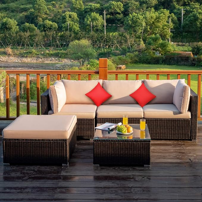 Tangkula 5 Pieces Patio Rattan Furniture Set, Outdoor Sectional Rattan Sofa Set - Image 2