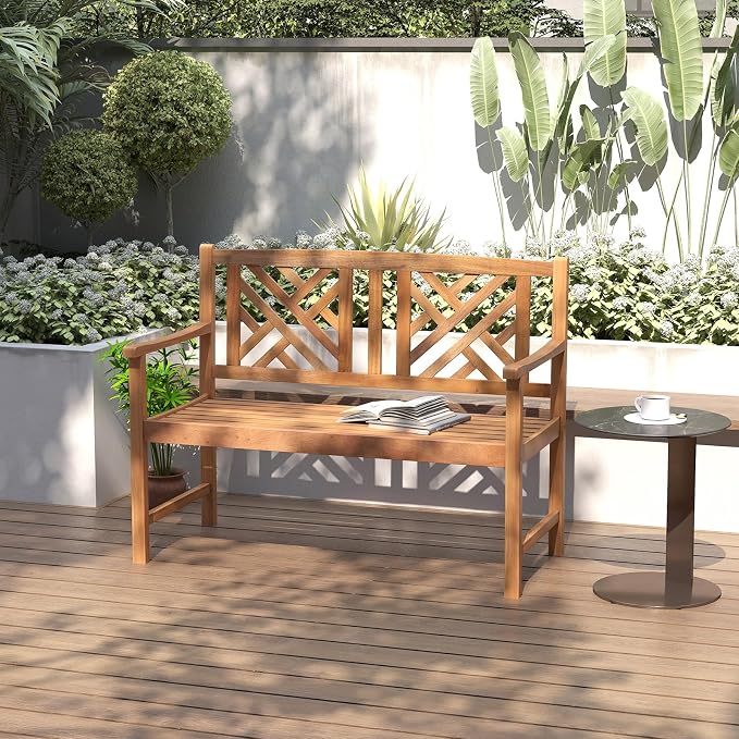 COSTWAY Outdoor Wooden Bench, Outdoor Acacia Wood Loveseat - Image 2