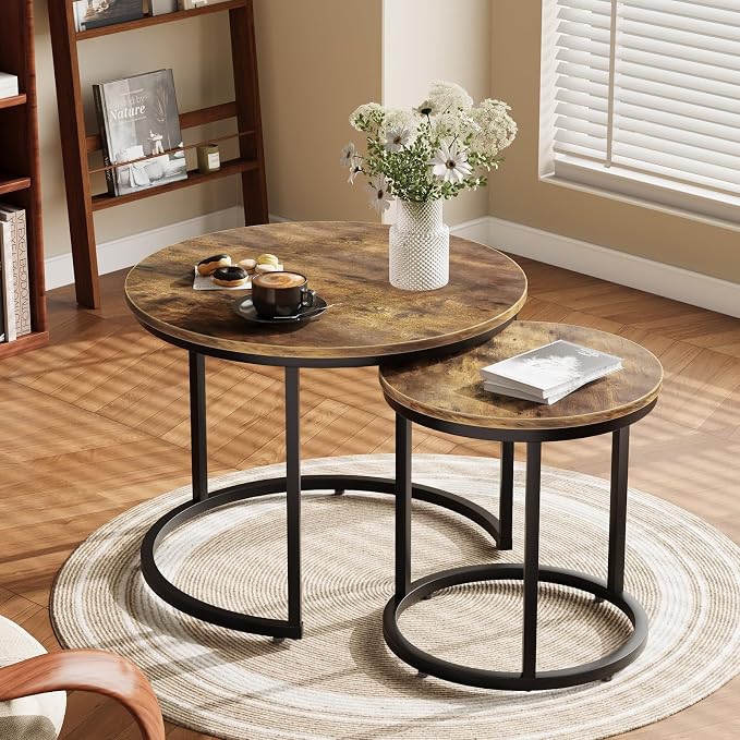 Smuxee Nesting Coffee Table Set of 2, 23.6" Round Coffee Table Rustic Wood Top - Image 3