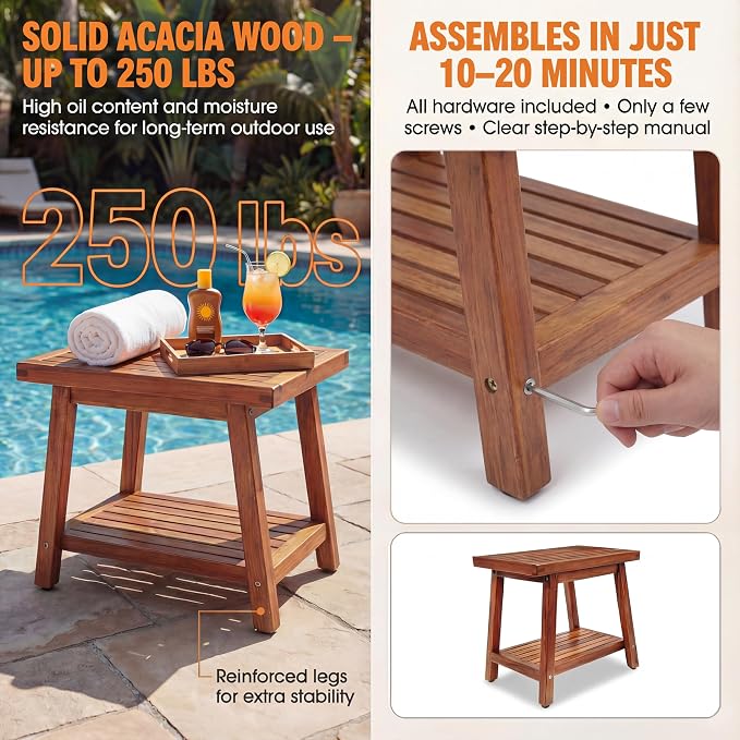 ENKEZI Small Acacia 16 Inches Outdoor Side Table, 2-Tier Sturdy Patio, End - Image 4