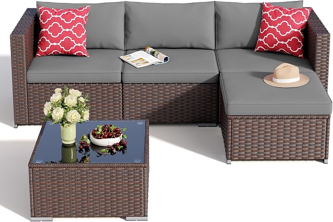 Aiho 5 Pieces Patio Furniture Set All-Weather Outdoor Wicker Sectional Patio - Image 5