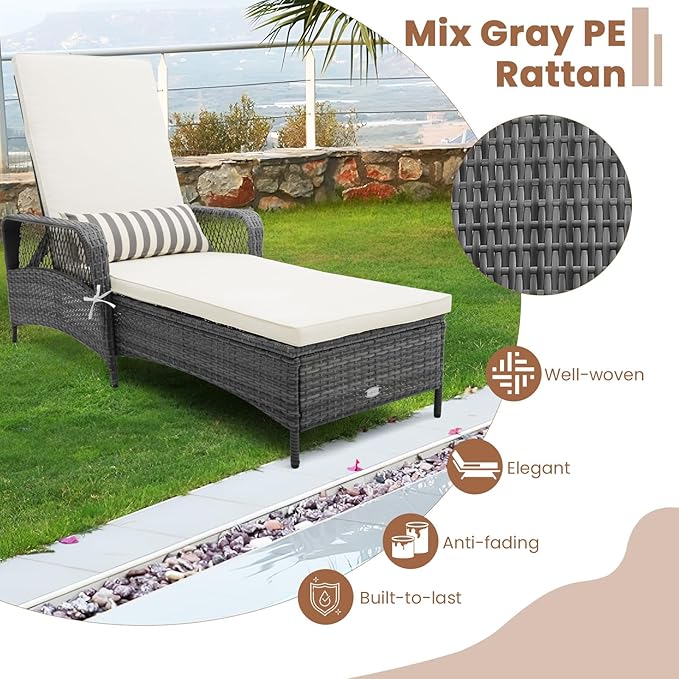 Tangkula Wicker Chaise Lounge Outdoor Set of 2, Patio Rattan Reclining Chaise - Image 8