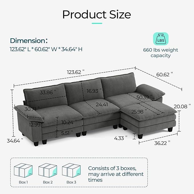 LINSY HOME 123'' Modular Sectional Sofa Grey Couch Corduroy Cloud Couches - Image 2