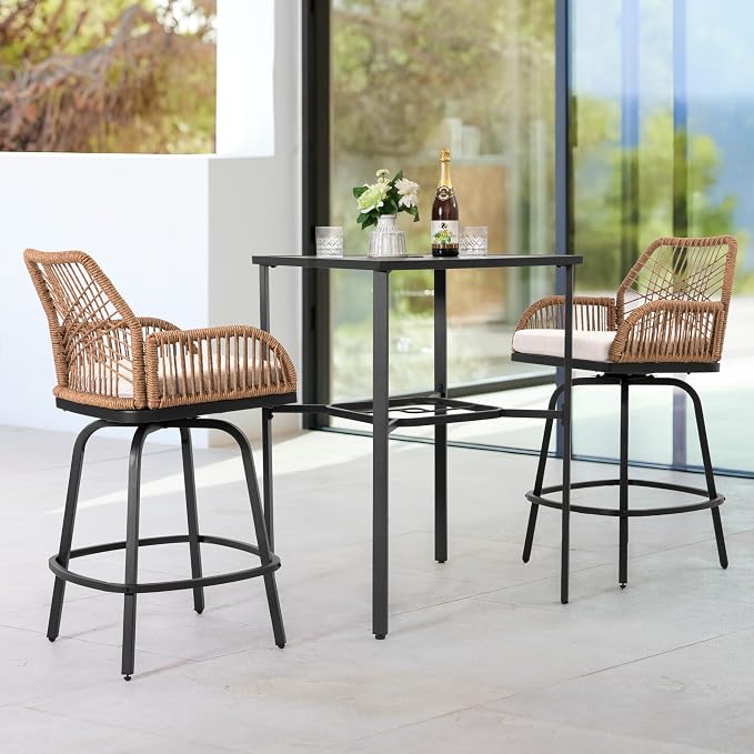 NUU GARDEN 3-Piece Patio Bar Set, All Weather Rattan Swivel Stools 360 Degree - Image 3