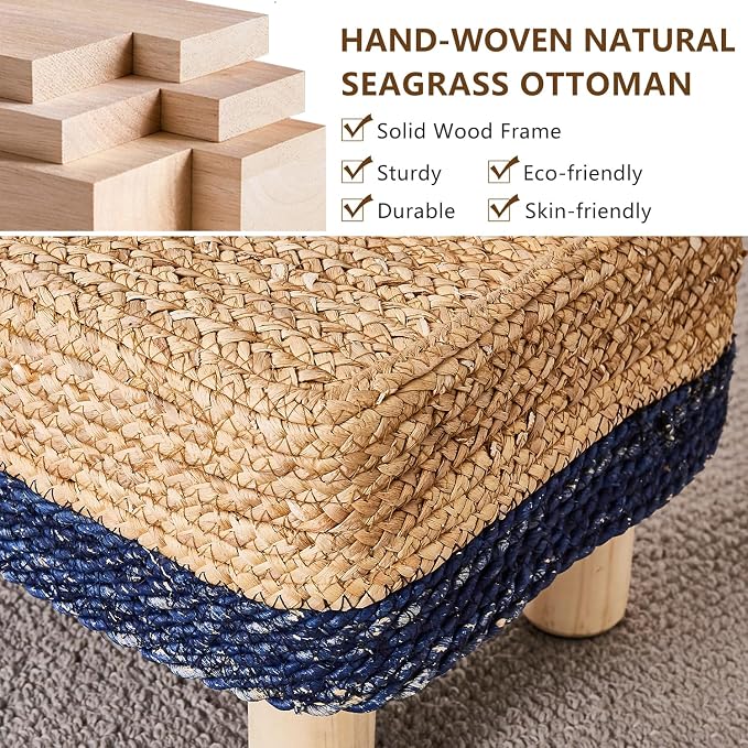 Wimarsbon Natural Seagrass Footstool Ottoman Rectangular Footrest Pouf Ottomans - Image 4