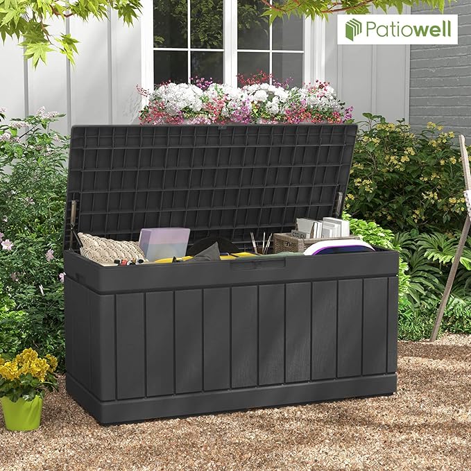 Patiowell 82 Gallon Resin Deck Box, Waterproof Large Wood Look Storage Box - Image 2