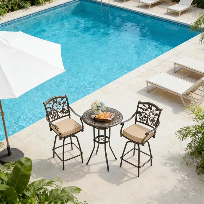 3 Piece Swivel Outdoor Table and Chairs Bar Set, All-Weather Cast Aluminum - Image 2