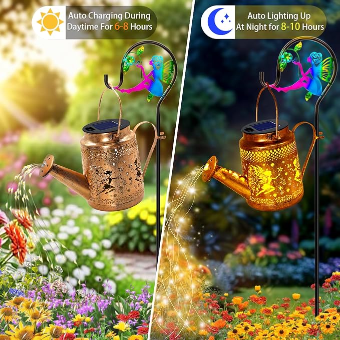 Solar Lanterns Outdoor Waterproof, Metal Watering Can Garden Decor, Fairy - Image 6