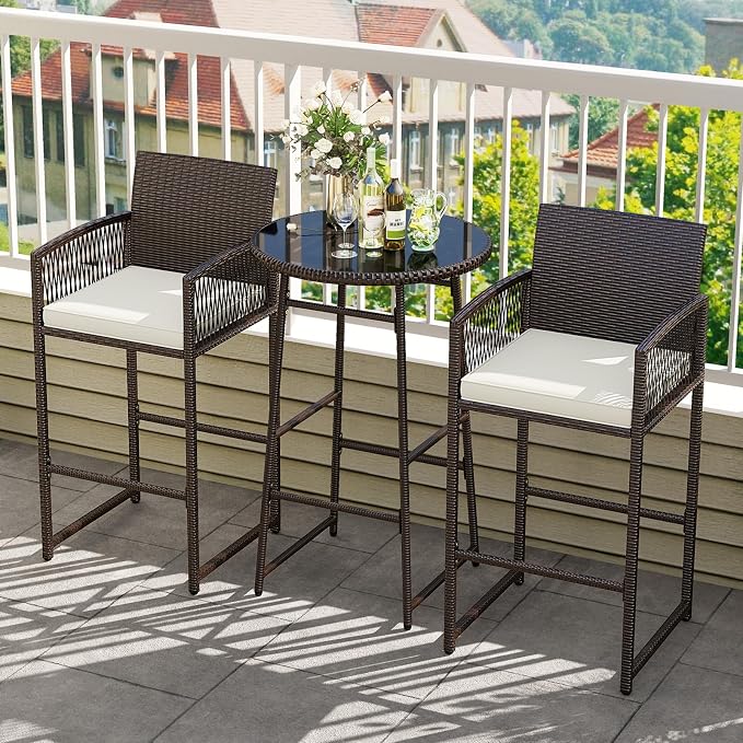 Tangkula 3 Piece Patio Bar Set, Outdoor Wicker Bar Height Glass Top Table & 2 - Image 4