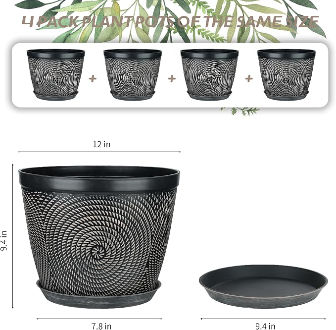 Quarut 12 Inch 4 Pack Large Plant Pots, Plastic Flower Pot - Image 3