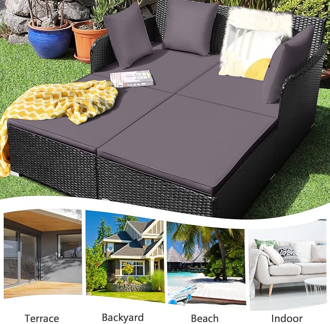 Outdoor Rattan Daybed, Patio Loveseat Sofa Set w/Comfortable Cushions, Extra - Image 4