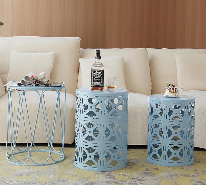 HFHOME Set of 3 Metal Outdoor Side Table, Nesting Round Coffee Table - Image 6