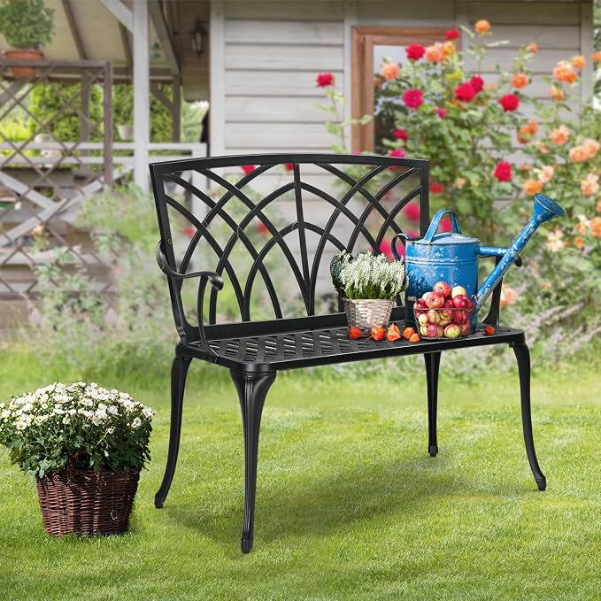 VINGLI 38" Outdoor Metal Bench, Cast Aluminium Garden Bench, Weatherproof - Image 7
