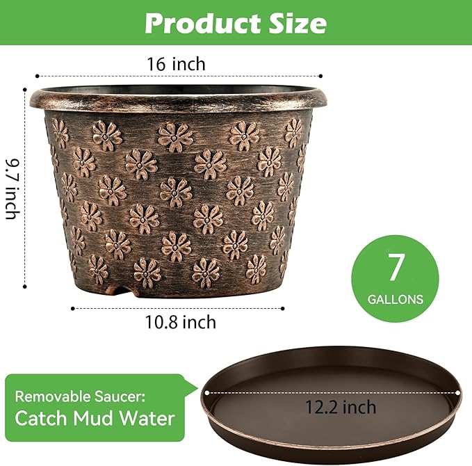 16 Inch Planter Pots for Plants, Plastic Large Flower Pots Indoor Outdoor - Image 4