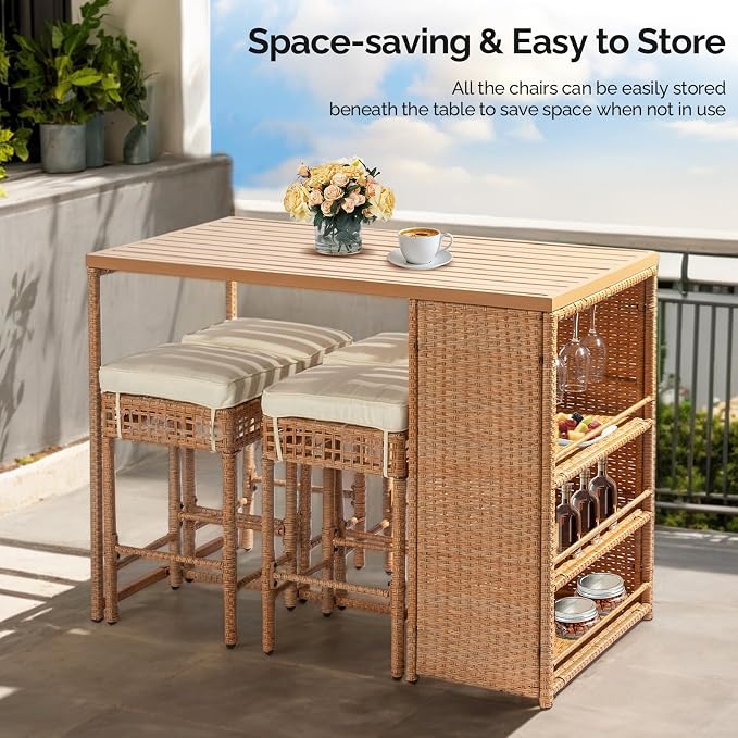 Outvita 5-Piece Outdoor Bar Set, Wicker Rattan Bar Height Patio Set w/4 Cushion - Image 7