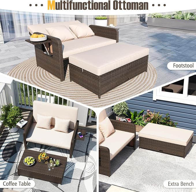 S AFSTAR Outdoor Daybed with Storage Ottoman, Wicker Chaise Lounge Chair with - Image 8