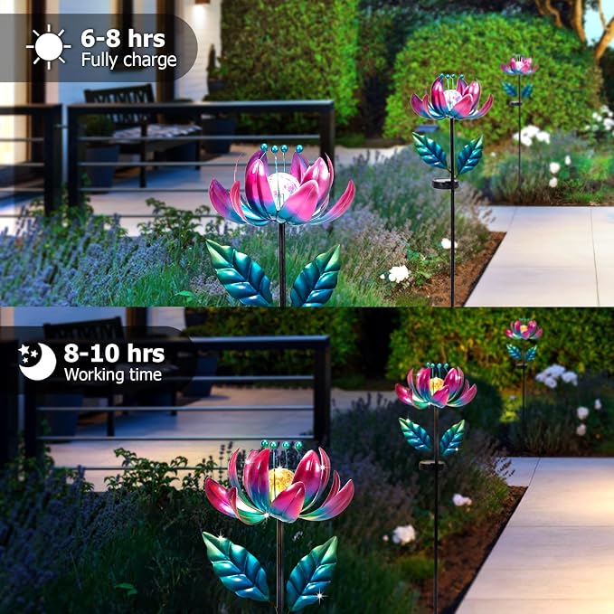 Solar Purple Metal Flower Wind Spinners, Colorful Spinning Windmill Lotus Yard - Image 6