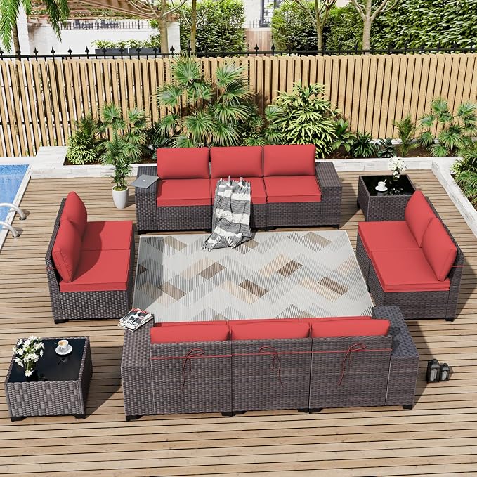 ALAULM 12 Pieces Outdoor Patio Furniture Set Sectional Sofa Sets Brown PE by ALAULM