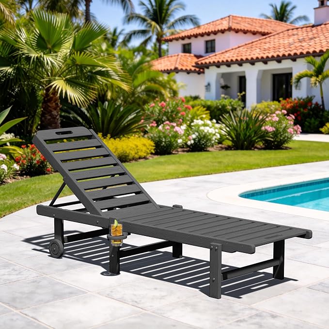 SERWALL Outdoor Chaise Lounge Chair, HDPE Patio Lounge Chair - Image 2