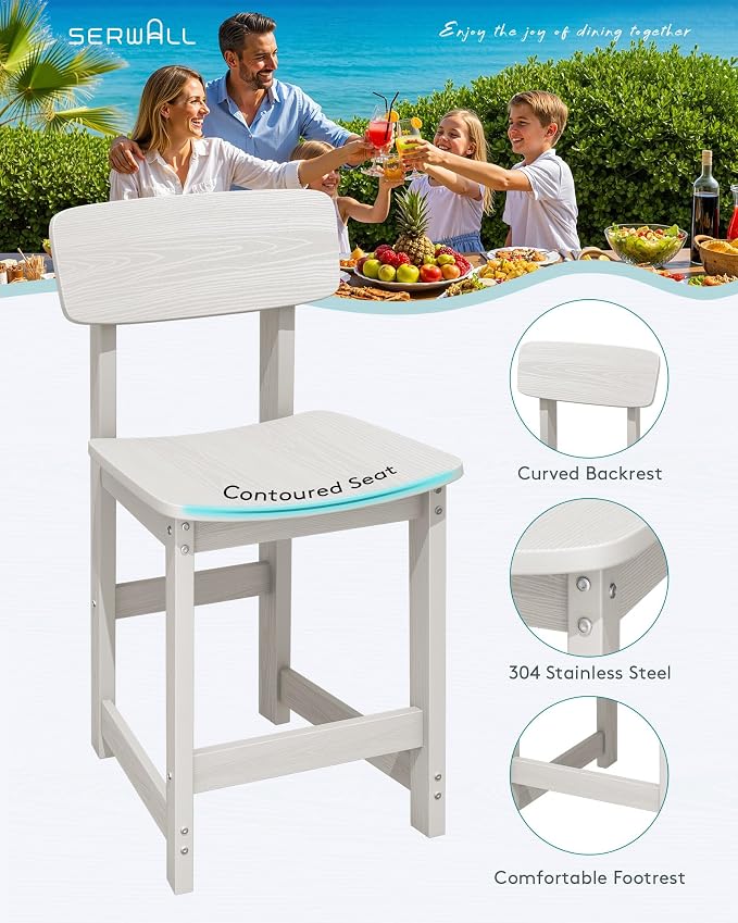 SERWALL Outdoor Bar Stools Set of 2, All Weather HDPE 25" Counter Height Bar - Image 4