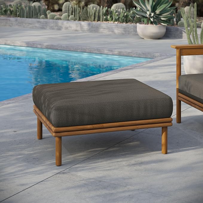 Modway Wren Teak Wood Outdoor Ottoman in Natural Flint Gray - Image 2