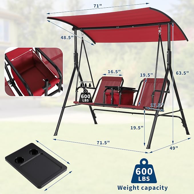 2-Person Porch Swing with Cup Holders, Pivot Storage Table & Cooler Bag - Image 2