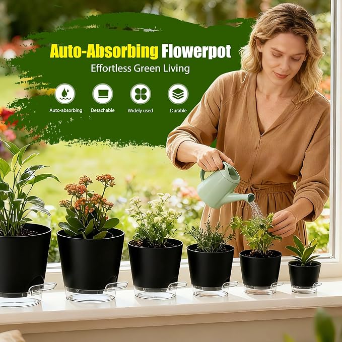 Plant Pots 4/5/5.5/6/6.5/7 Inch Self Watering Pots, 6 Pack Plastic Planters - Image 2