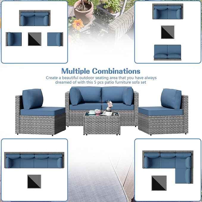 Shintenchi 5 Pieces Outdoor Patio Furniture Sets, Patio Sectional Sofa Couch - Image 5