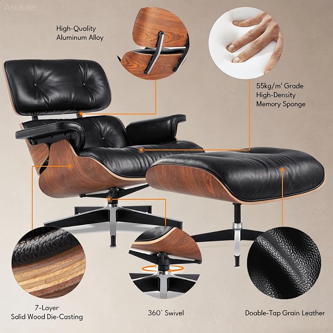 Top Black Grain Leather, Mid Century Chaise Lounge Chair and Ottoman, Accent - Image 6